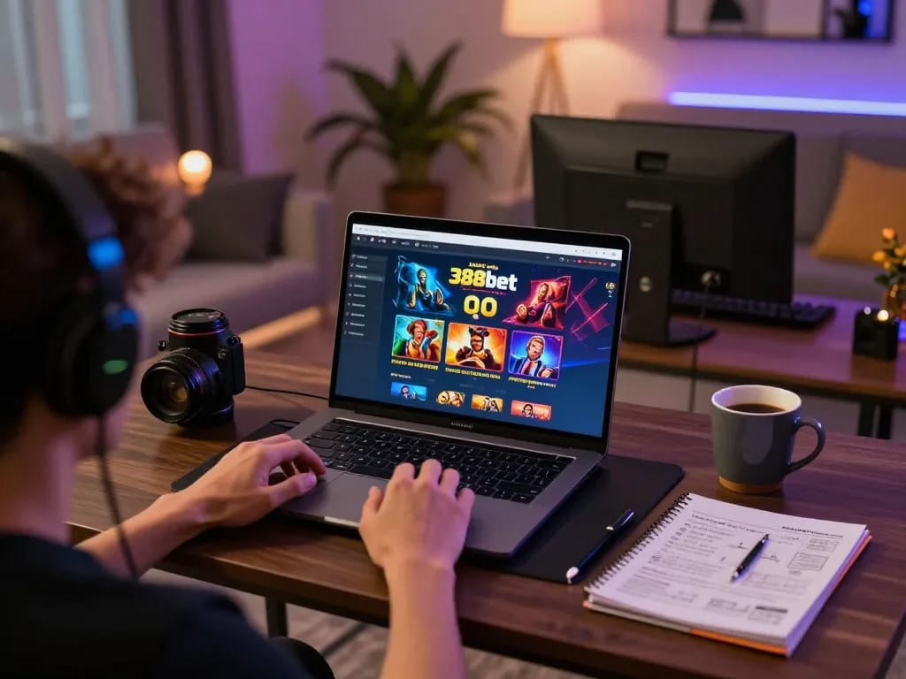 Engaging home gaming setup showing nhà cái 388bet on laptop screen with strategy notes.