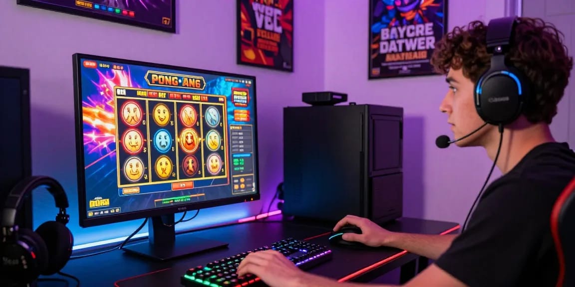 Enthusiastic gamer playing an online slot game with dynamic graphics and gaming accessories.