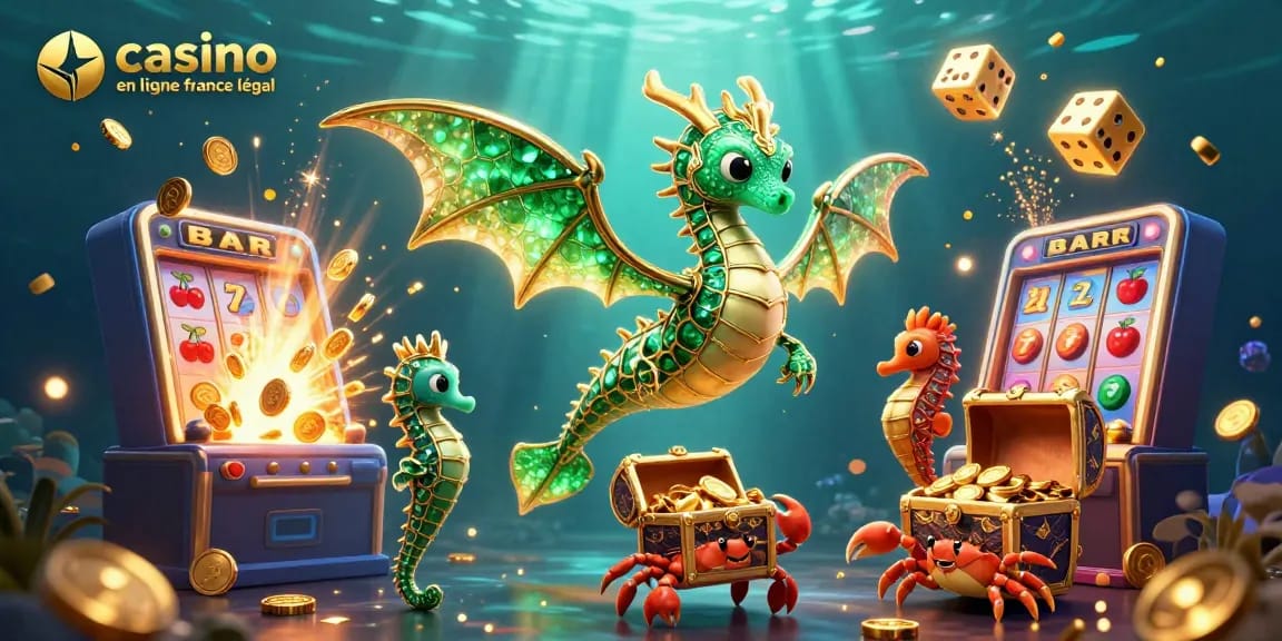 Visualisez un dragon des mers et des gardes hippocampes dans un casino en ligne légal en France, entourés de symboles de jeu.