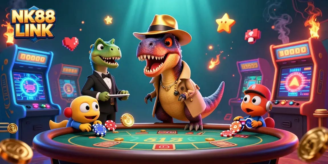 Experience thrilling gameplay at NK88 LINK with a vibrant casino scene featuring unique characters.
