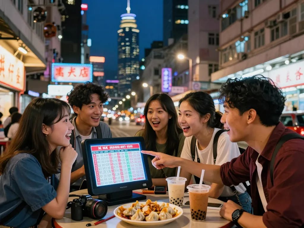 Group of friends celebrating HK Malam Ini lottery results in vibrant Hong Kong city lights.