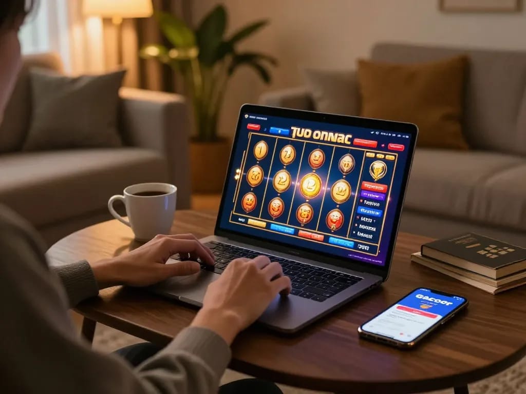 Engaging online gaming scene featuring slot gacor gameplay on laptop, creating a cozy atmosphere.