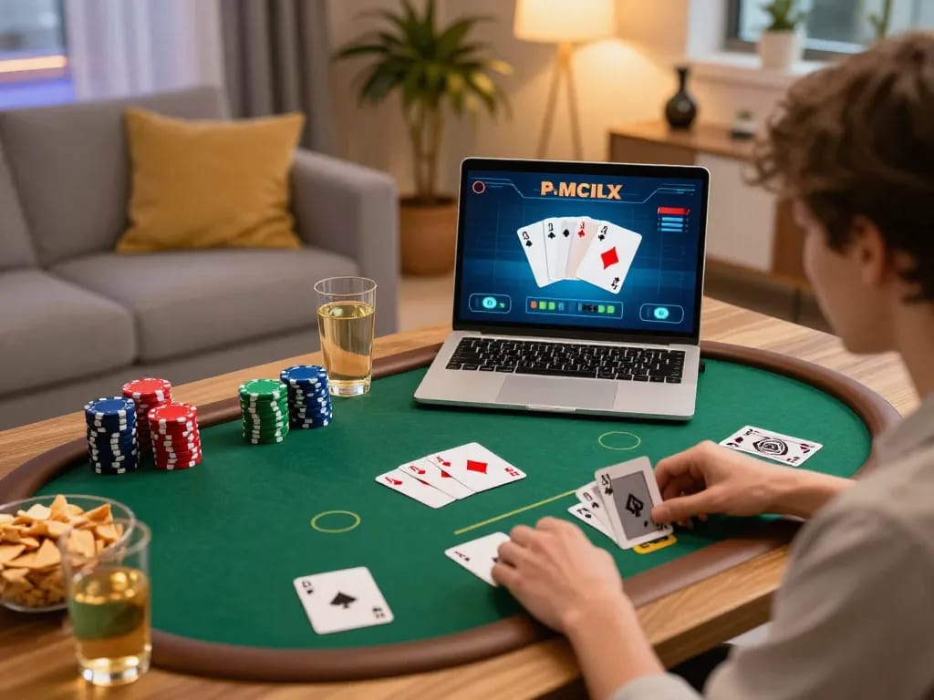 Engaged player at home using rr88 for online poker, showcasing strategic hands.