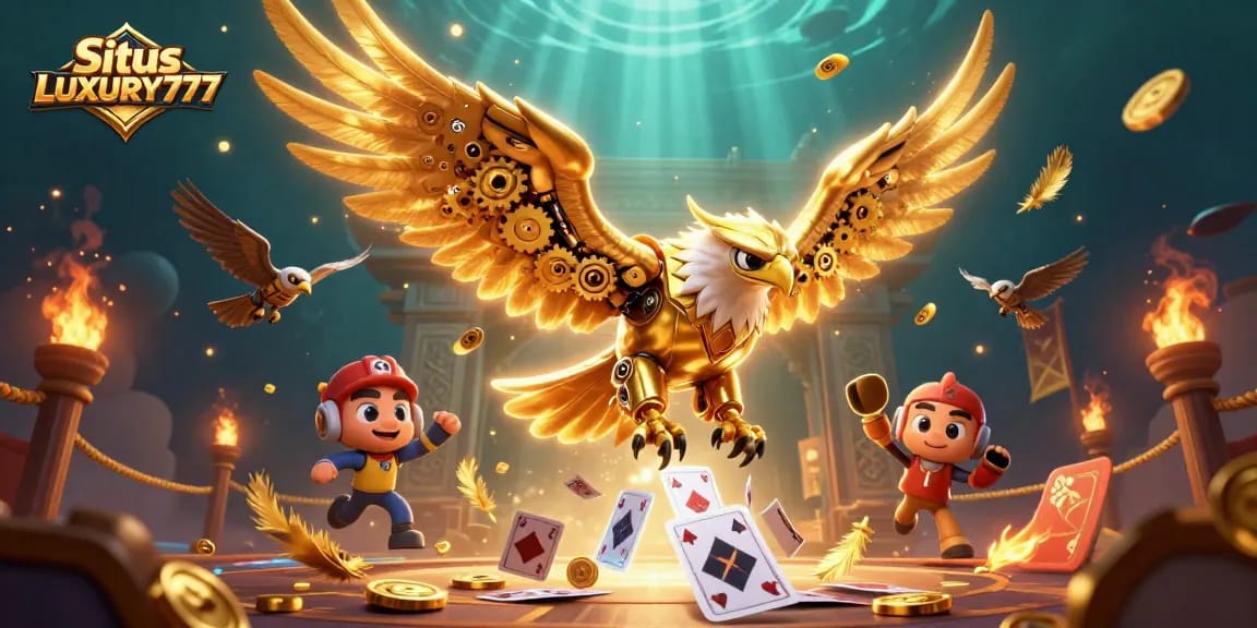 Situs LUXURY777 menampilkan ilustrasi kasino dengan burung elang kuningan yang menyelam di antara kartu bermain holografik, elemen permainan uang, dan koin emas.