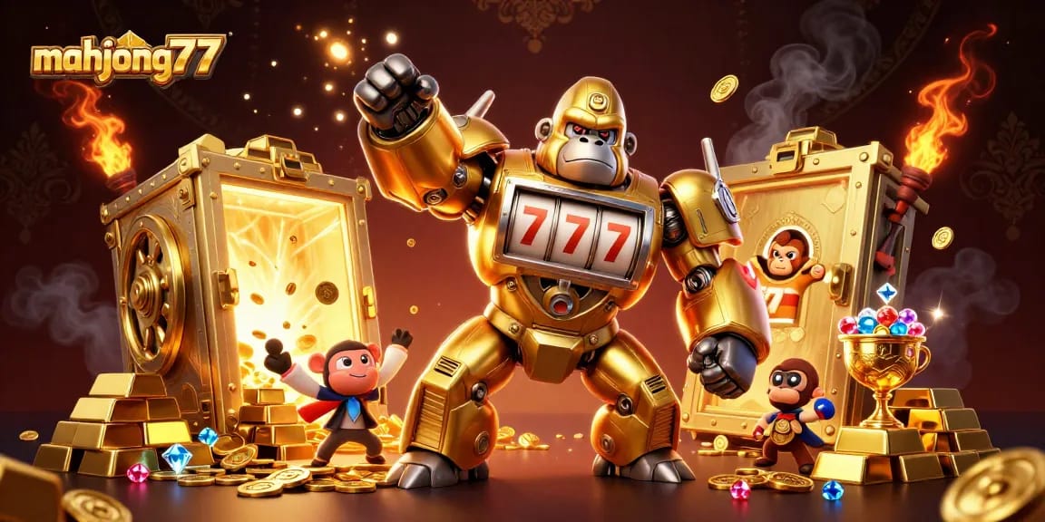 Engage with the dynamic action of mahjong777, featuring a golden gorilla mech and treasure in a vivid casino setting.
