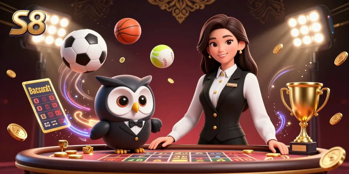 S8 captivates with a luxurious baccarat scene featuring Asian dealers and animated sports elements.