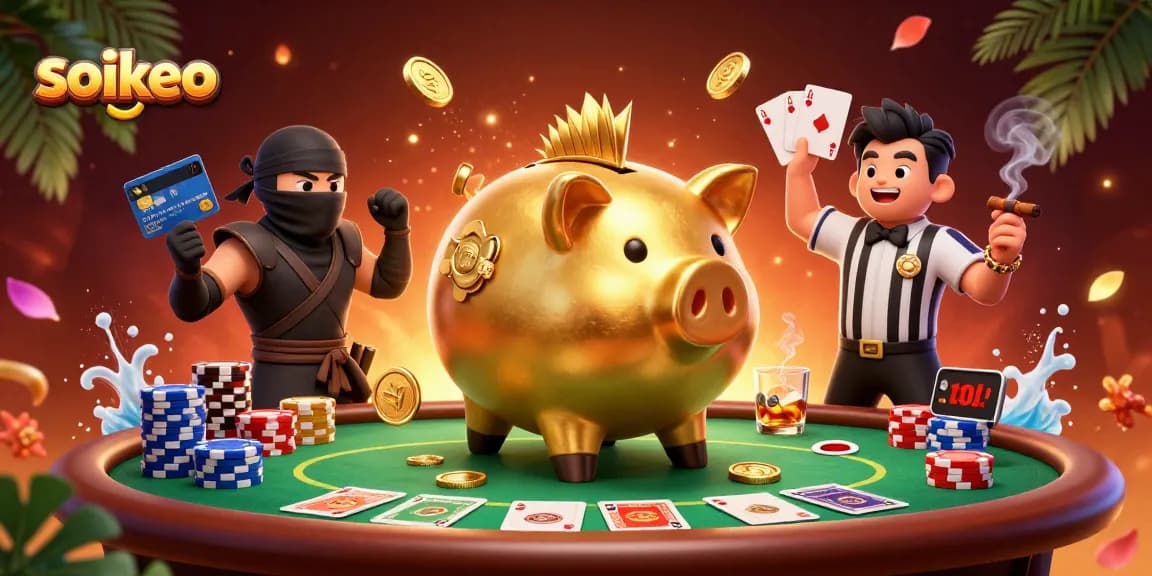 soikeo sports betting scene featuring a golden piggy bank wrestler and a wallet ninja