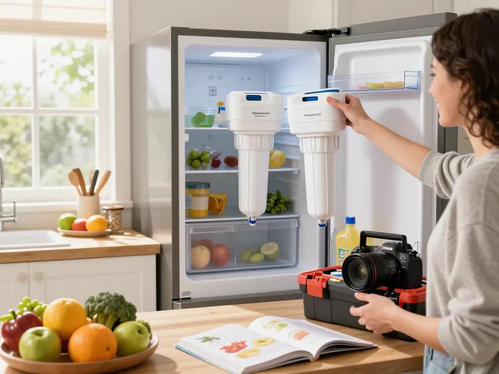 Person using Waterspecialist Replacement for GE® RPWFE® in a bright kitchen for clean water.