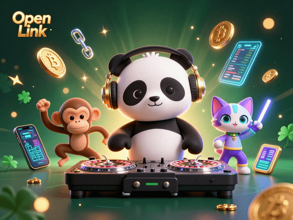Engage in thrilling gambling experiences with Open Link, featuring lively casino characters in a vibrant digital scene.