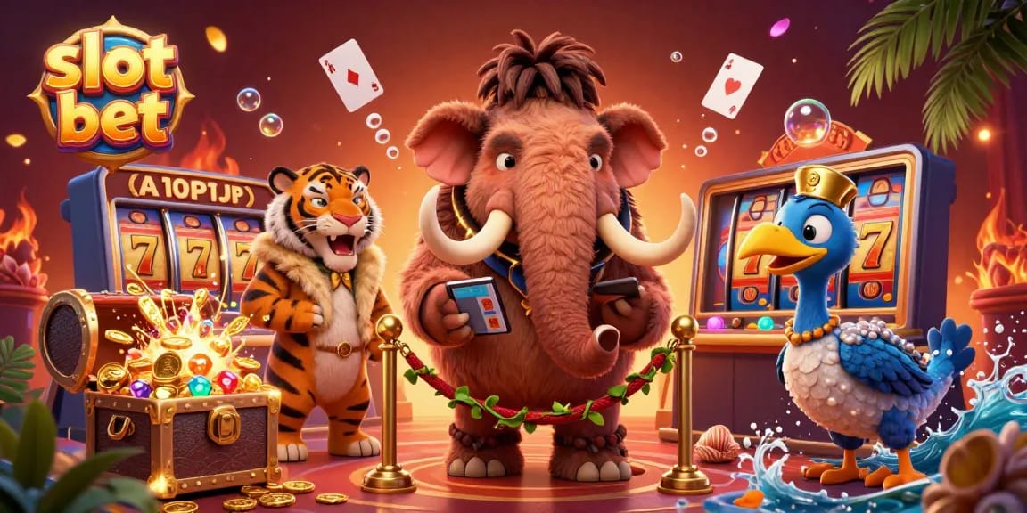 Slot bet dengan karakter menarik di kasino, termasuk mamut dan harimau, dikelilingi harta karun dan simbol slot