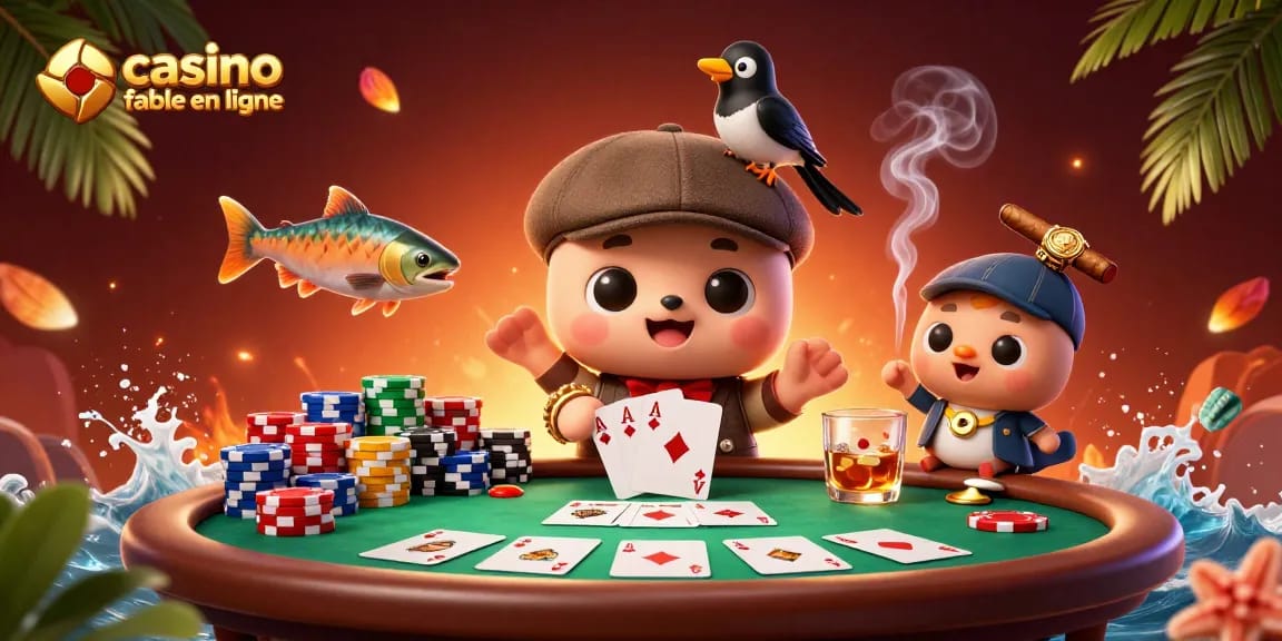 Jouez dans un casino fiable en ligne avec des personnages colorés et des éléments de poker.