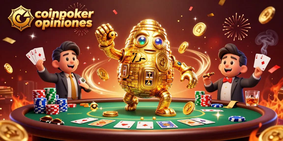 CoinPoker opinioni: gioca a poker con un golem d'oro e tanti gettoni colorati in un'illustrazione dinamica.