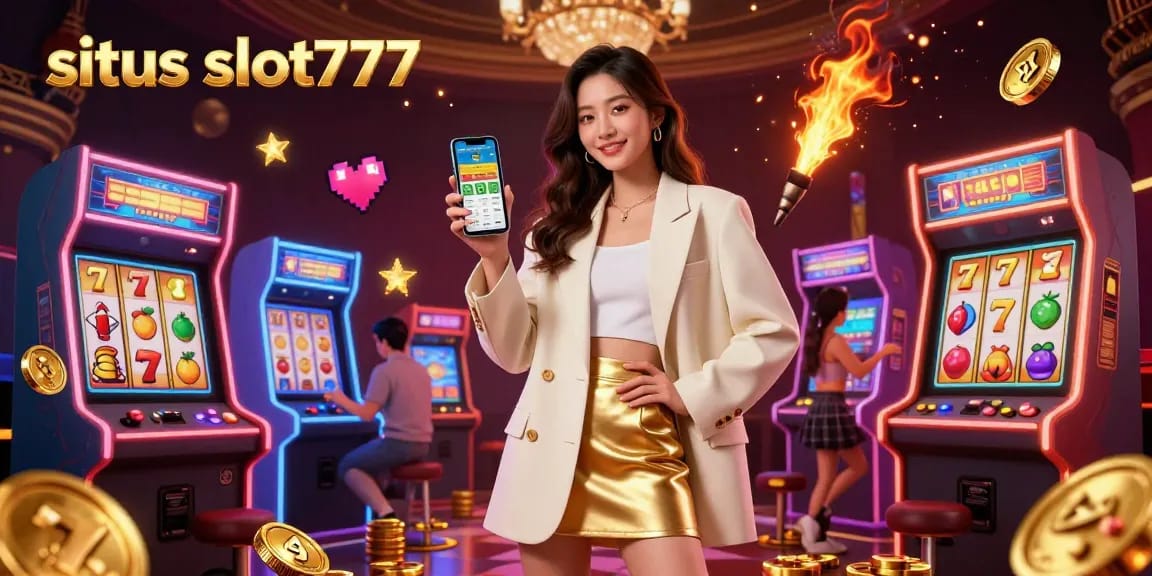 Situs slot777 showcases a vibrant casino environment with an Asian woman engaging with a sports betting app amidst dynamic slot elements.