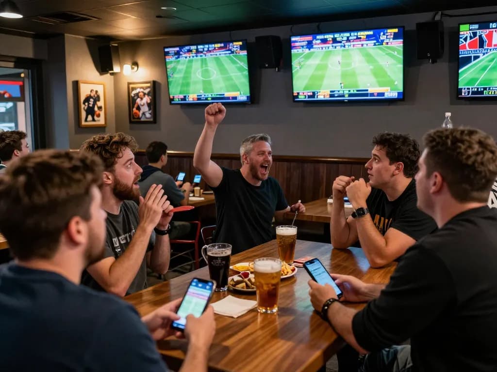 Engaged users placing bets on the 78wingo betting app in a lively sports bar.