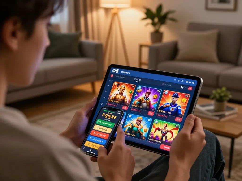 Engaging moment of using the o8 app for online casino gaming on a tablet, showcasing a warm and inviting home setting.