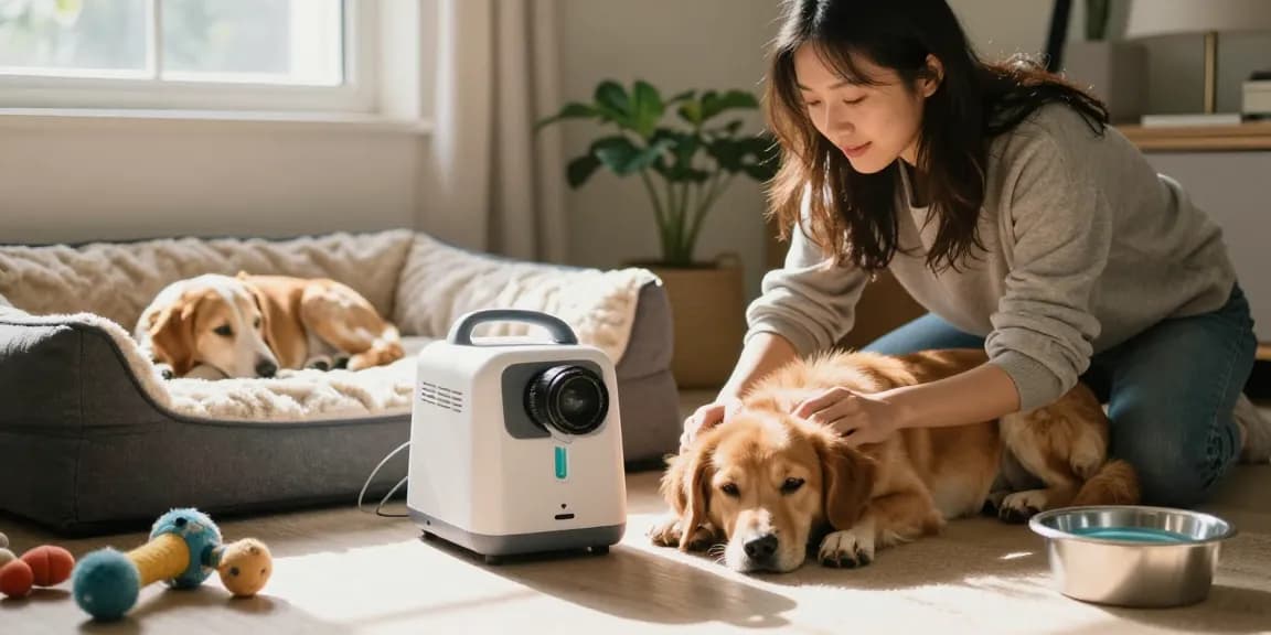 Pet owner using 寵物氧氣機 租用 in cozy home environment to care for a resting dog.