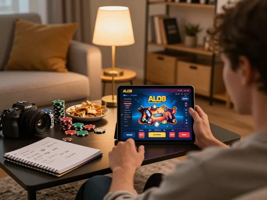 Experience ALO8 online gaming on a tablet in a cozy home setup, highlighting strategy and engagement.