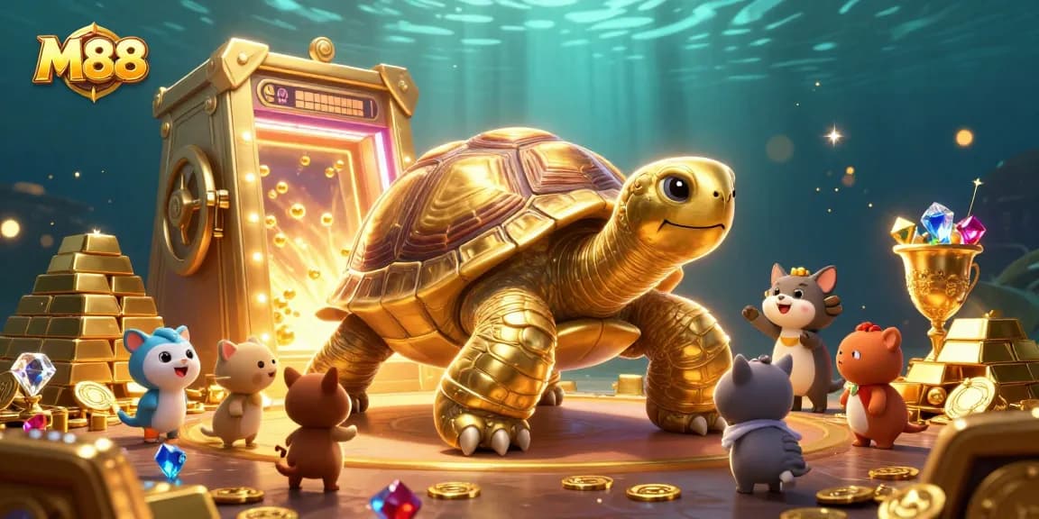 M88 offers an exciting casino experience with colorful characters and sparkling treasures in a vibrant scene.
