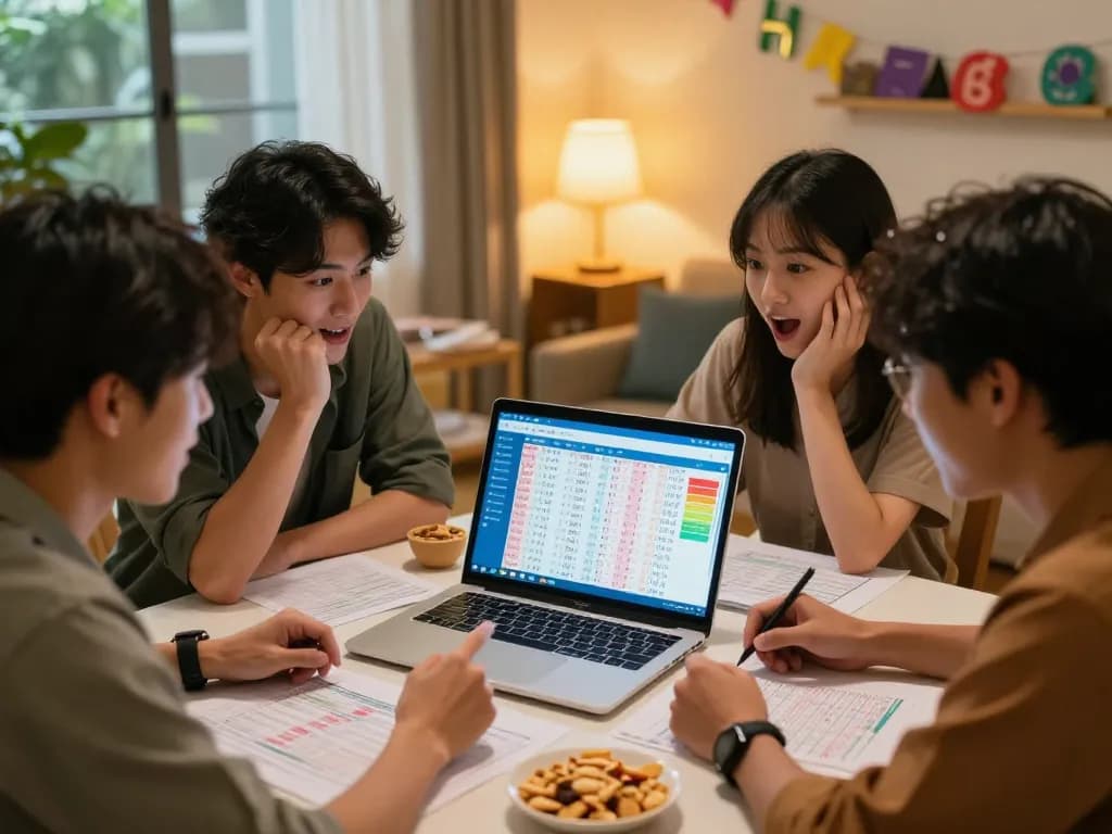 Friends analyzing HK Malam Ini lottery results together, sharing strategies and insights.
