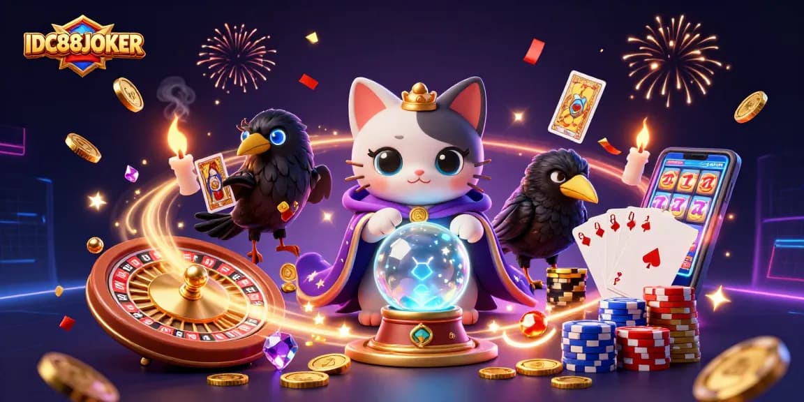 Experience thrilling games with IDC88JOKER as a vibrant cat fortune teller and glowing raven create magic.