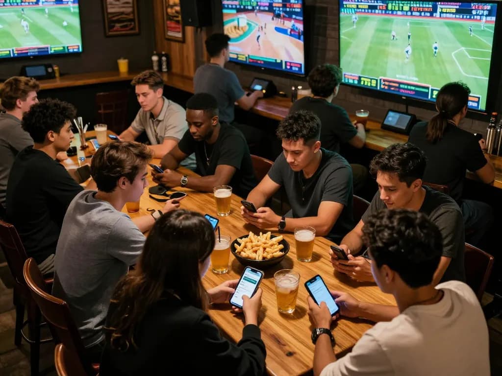 Friends placing bets on vaobet app during a lively sports game at a sports bar