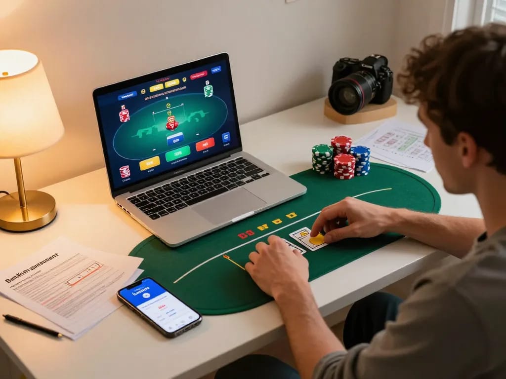 lu888 online poker player analyzing hands and betting strategies comfortably at home
