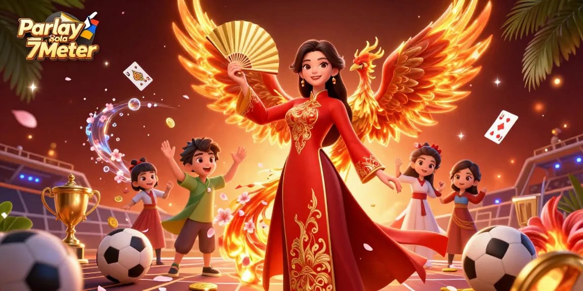 Experience high-energy betting action with Parlay Bola 7Meter featuring vibrant casino elements and dynamic characters.