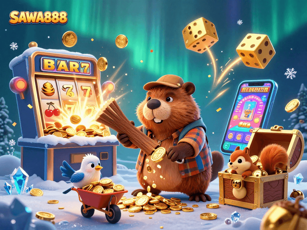 Experience thrilling wins at SAWA888 with cartoon characters celebrating jackpot moments in a vibrant casino scene.