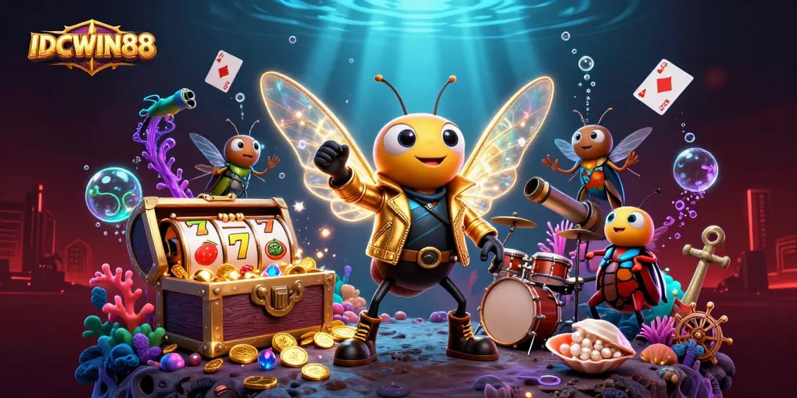 Experience the excitement of IDCWIN88 with a vibrant 3D illustration of lively characters, slot reels, and underwater treasures.