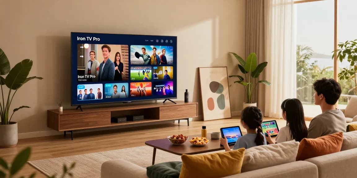 Family streaming content on Smart TV with Iron TV Pro in cozy living room.