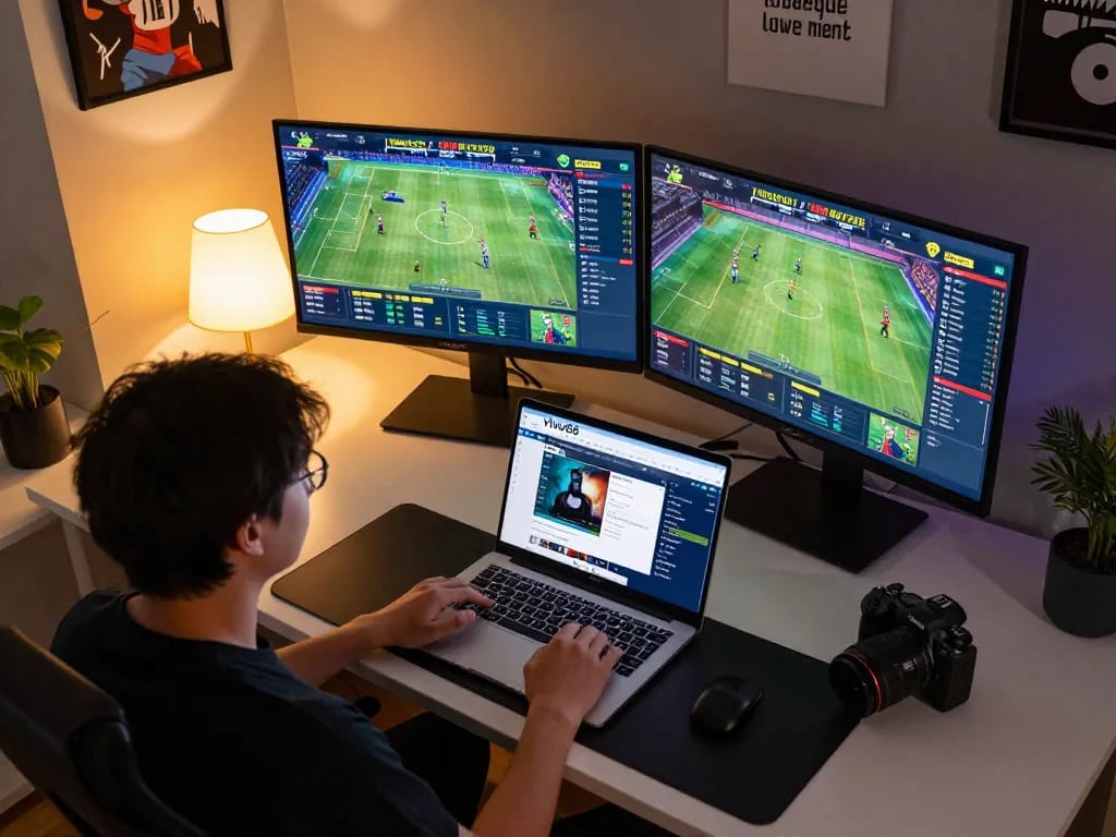 Engaging in sports betting on Vivu88 with focused strategy in a modern home office.