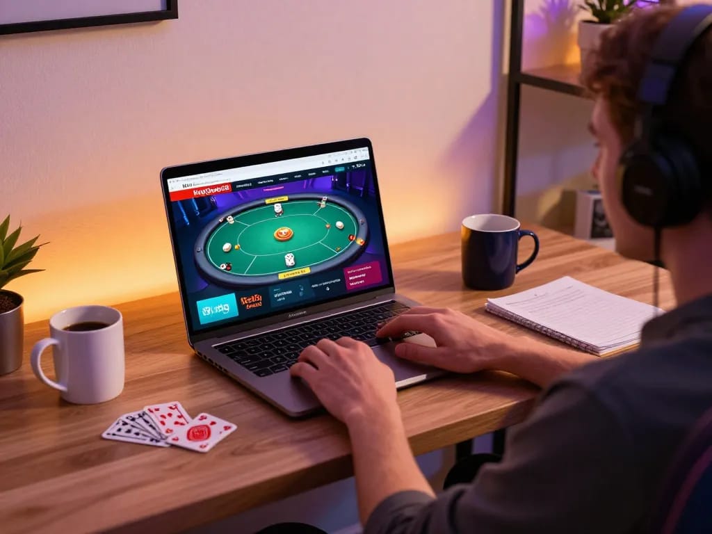 Player engaging with king garuda138 casino site on laptop in stylish home gaming setup with strategy notes nearby