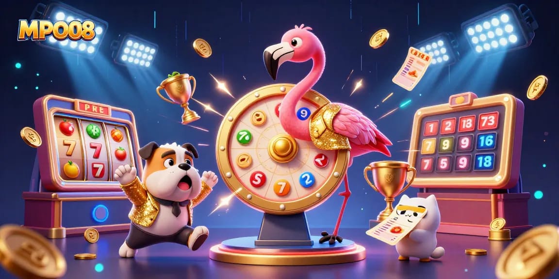 MPO08 showcases an exciting casino illustration featuring a flamingo host, bulldog contestant, and vibrant game elements.