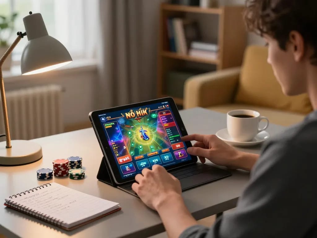 Engaging in game nổ hũ online while analyzing strategies at home, showcasing a cozy gaming setup with tablet and notes.