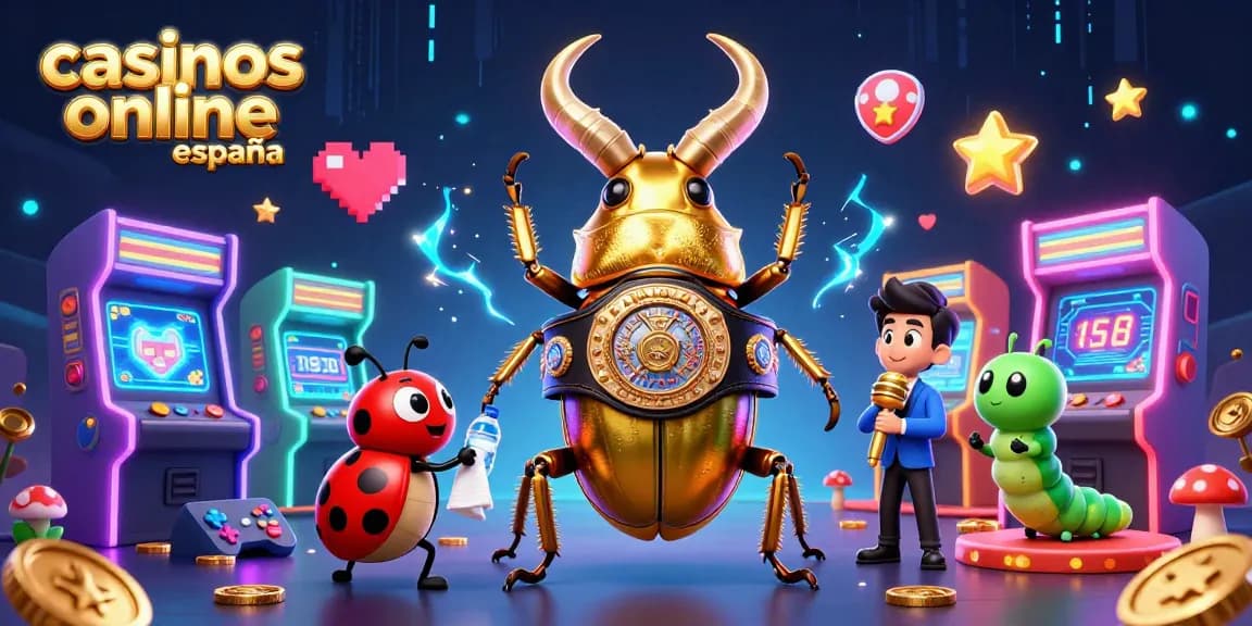 Descubre la vibrante escena de casinos online España con un escarabajo dorado y elementos de juegos 3D.
