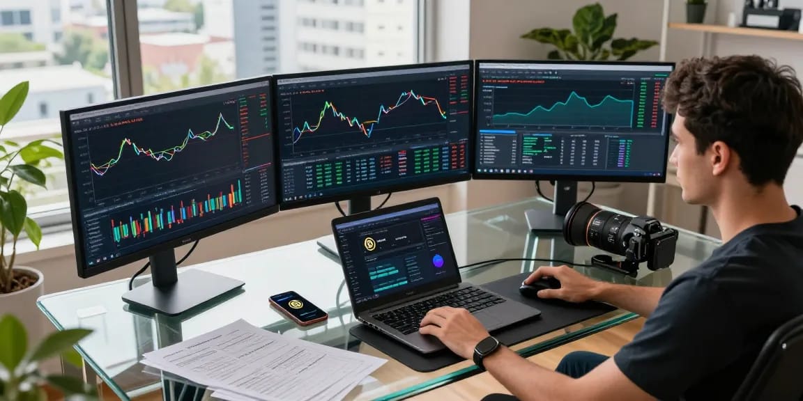 Stellar lumens price prediction trading setup with cryptocurrency charts and digital wallet.