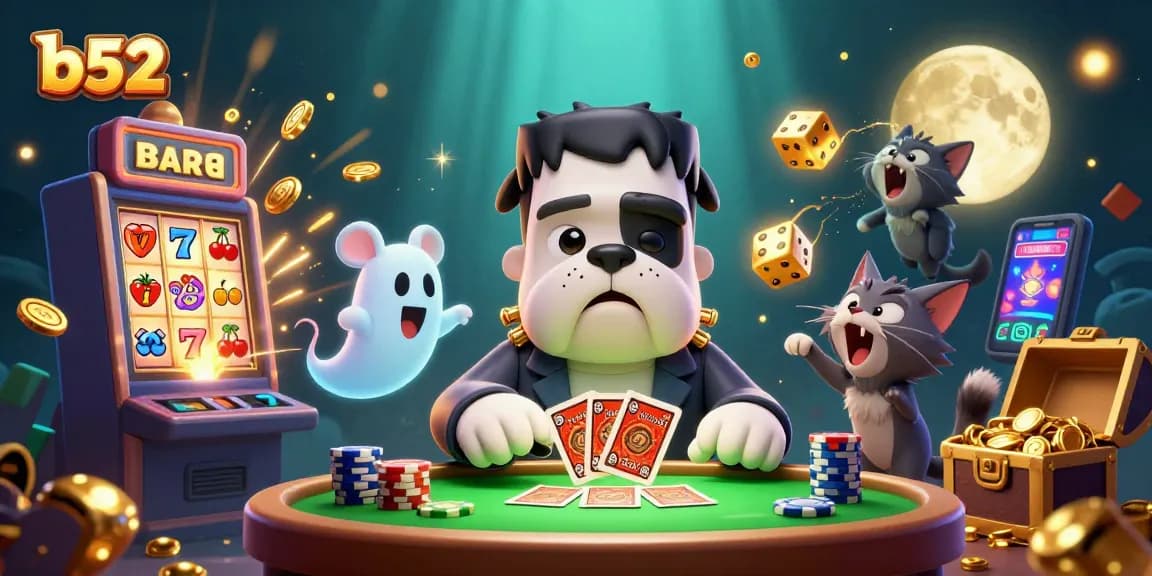 Engage with b52's thrilling casino fun as the Frankenstein bulldog deals cards at a spooky table.