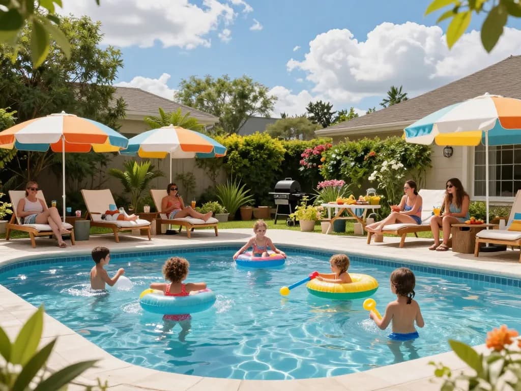 Dolphin Pool Services provides expert care for your pool, showcased in a vibrant family gathering by a sparkling pool.