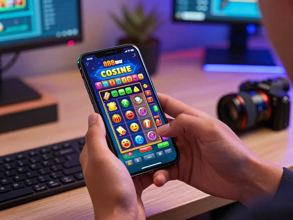 Experience the excitement of playing 888new win through a mobile casino app, showcasing vibrant slot games and dynamic visuals.