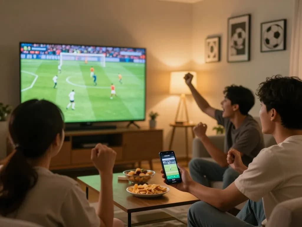 Friends using luongsontv app to watch live football match together in cozy living room.