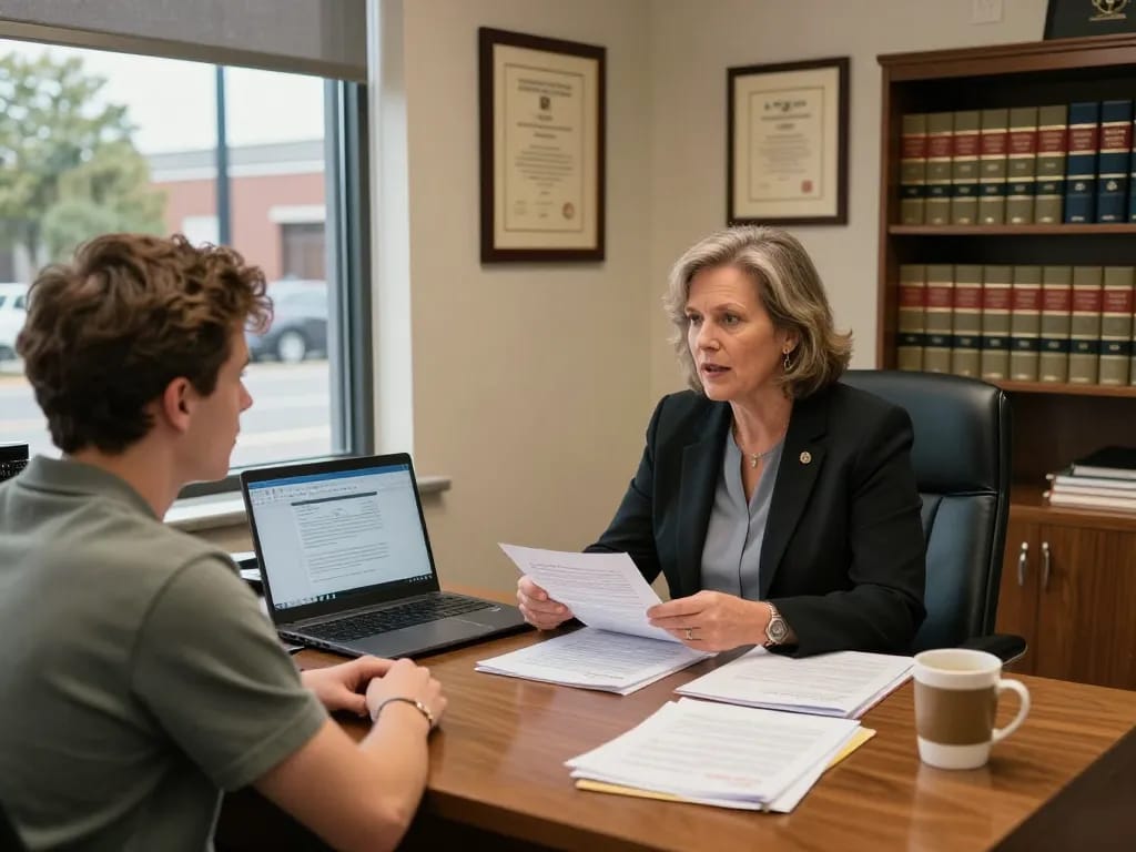 Virginia Personal Injury Lawyer discussing case with client in warm Norfolk office