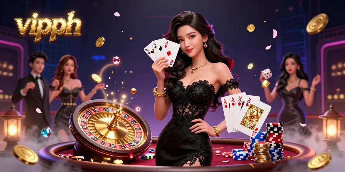 Experience the excitement of vipph with a stunning illustration featuring a glamorous Asian woman in a luxury casino.