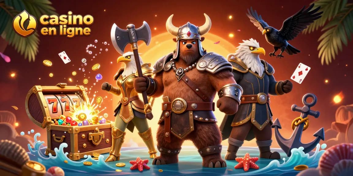 Jouez au casino en ligne avec cette illustration captivante mettant en scène un ours viking et un aigle valkyrie.