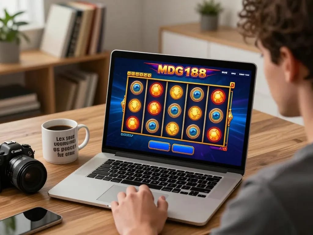 Player enjoying MDG188 slot game on laptop, engaging in exciting online gaming experience.