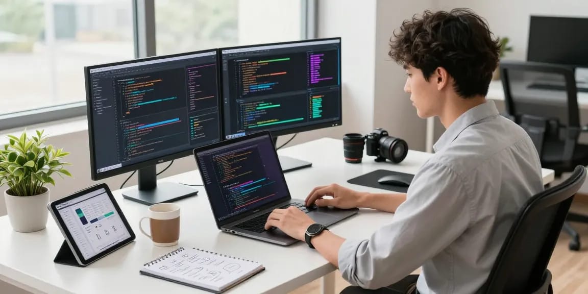 Productive workspace scene with a programmer focused on coding telegraimin.com on dual screens, surrounded by high-tech gadgets and a motivating atmosphere.