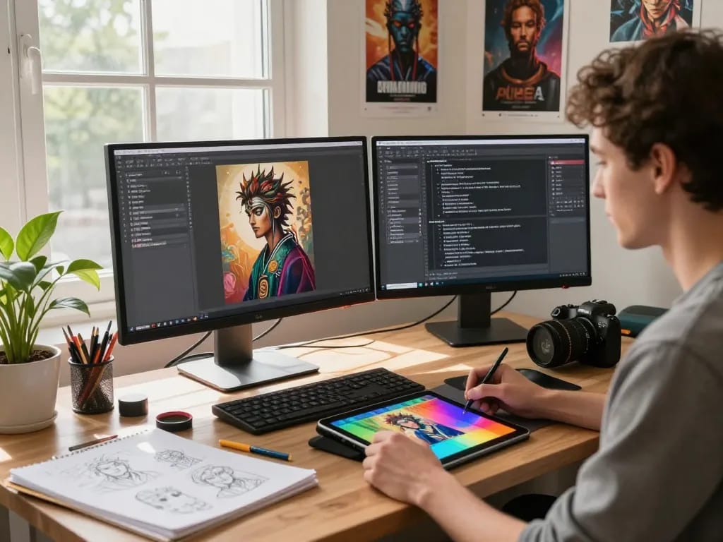 Artist using an image to prompt generator, creating vivid AI art in a modern workspace.