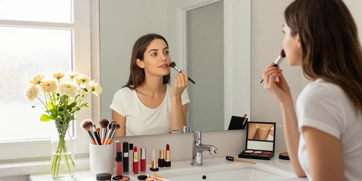 Applying makeup with a dense makeup brush in a well-lit bathroom surrounded by cosmetics and flowers.