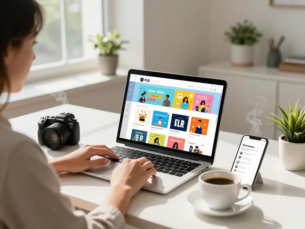 Buy PLR Products Online with ease in a cozy digital workspace featuring vibrant product thumbnails and a professional woman