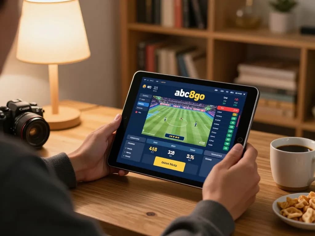 Engaging online sports betting on abc8go with a cozy home setup featuring a tablet.