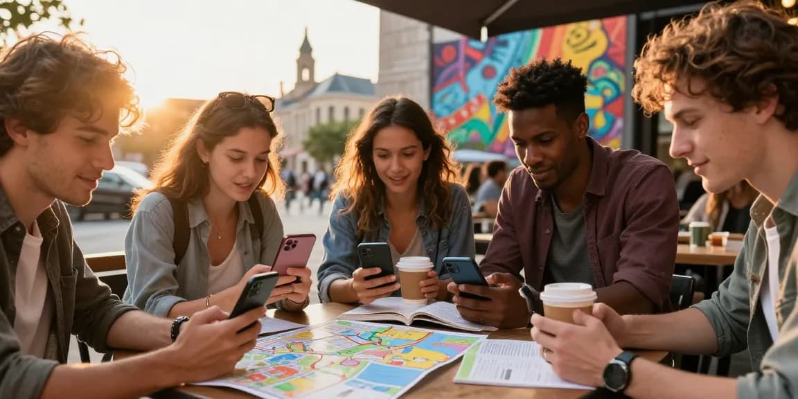 Group of friends using an International calls app at an urban café, enjoying vibrant travel discussions and planning.